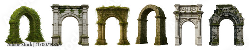 Ancient stone arch set including overgrown, classical, weathered, ornate, and crumbling styles isolated. Architectural design elements.