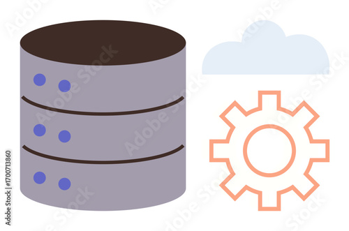 Database server, cloud, and gear icon represent cloud storage, data synchronization, and system integration. Ideal for technology, networking, cloud computing, database management IT development