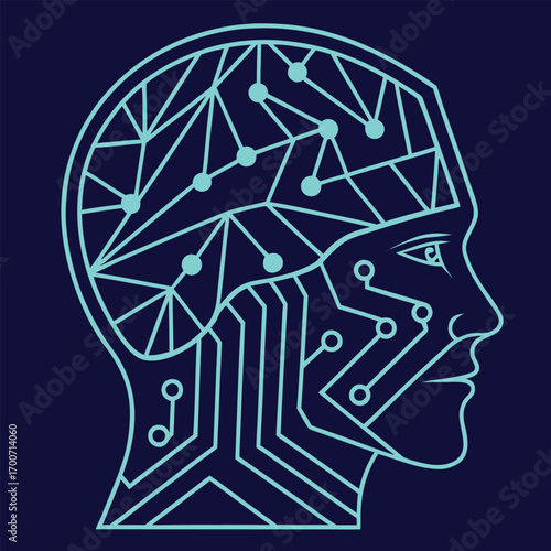 Stylized human head profile with circuit board brain