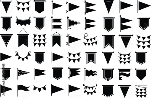 Pennant Hanging Decoration Icon Silhouette Set Festival Pennant Banner Vector Silhouette Collection