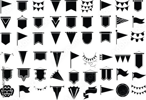 Pennant Hanging Decoration Icon Silhouette Set Festival Pennant Banner Vector Silhouette Collection