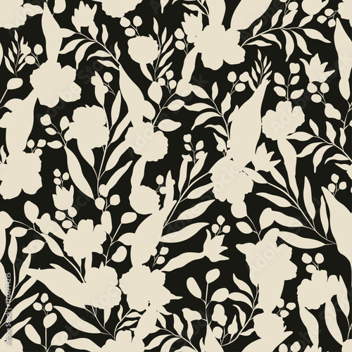 Bicolor contour silhouette seamless pattern with flowers and leaves. Abstract floral spring, summer pattern, black background, off white