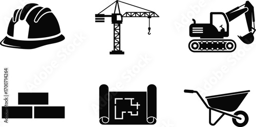 Vector illustration of construction equipment icons including safety helmet, tower crane, excavator, bricks, blueprint, and wheelbarrow for engineering, architecture, and building projects