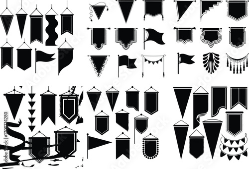 Pennant Hanging Decoration Icon Silhouette Set Festival Pennant Banner Vector Silhouette Collection