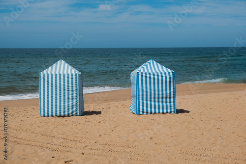 Traditional Blue and White Beach Cabins on Sandy Shore