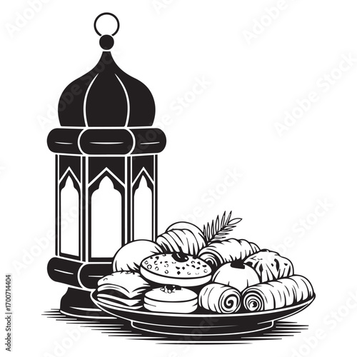 Traditional islamic ramadan lantern and a plate of sweet pastries and dates for iftar and eid celebrations