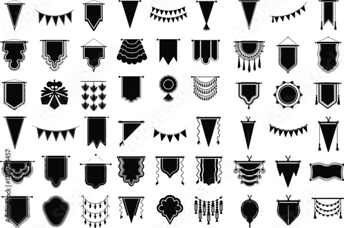Pennant Hanging Decoration Icon Silhouette Set Festival Pennant Banner Vector Silhouette Collection