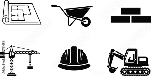 Vector illustration of construction tools and equipment icons including blueprint, wheelbarrow, bricks, crane, safety helmet, and excavator for building and architecture projects