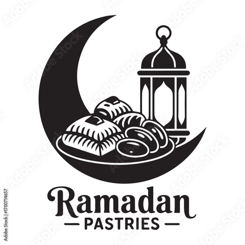 Traditional ramadan pastries and dates served on a crescent moon with a decorative lantern symbolizing islamic celebration