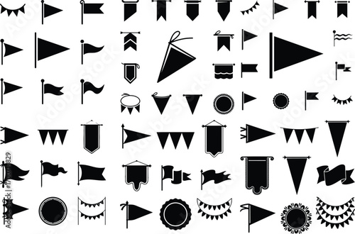 Pennant Hanging Decoration Icon Silhouette Set Festival Pennant Banner Vector Silhouette Collection