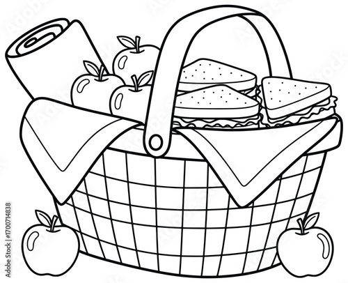 Picnic basket illustration filled with apples, sandwiches, and a rolled blanket, covered with a cloth and drawn in a clean cartoon outline style ideal for coloring books and design resources