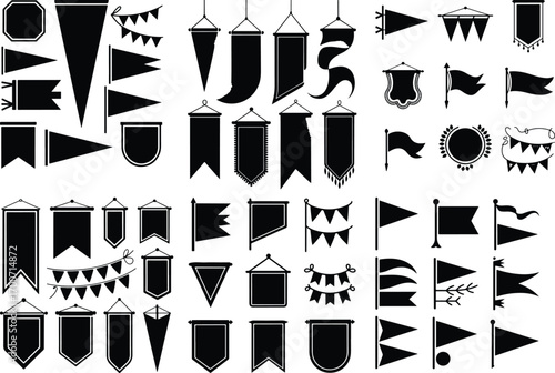 Pennant Hanging Decoration Icon Silhouette Set Festival Pennant Banner Vector Silhouette Collection