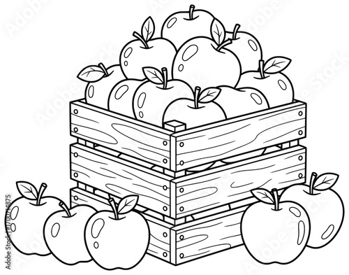 Apple crate illustration with a wooden box stacked full of fruits and several apples placed around it, drawn in a clean cartoon outline style perfect for coloring pages and design projects