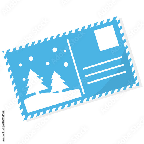 Winter blue postcard with snow forest, festive envelope, and Merry Christmas typography featuring snowflakes and stamps