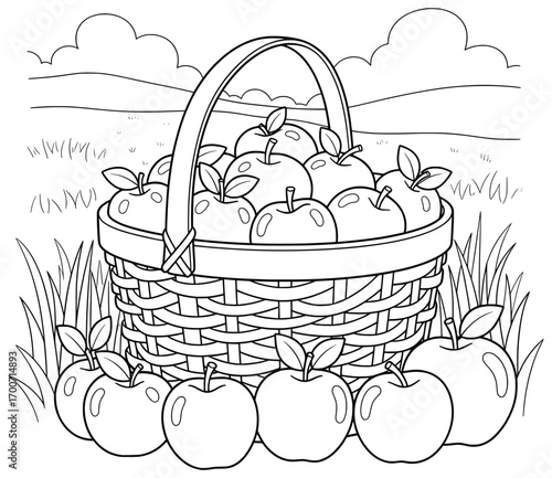 Apple basket vector illustration outdoors in a field with fresh fruits inside and scattered apples around drawn in clean cartoon outline style perfect for coloring pages and decorative design projects