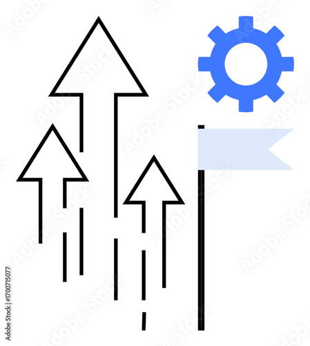 Upward arrows representing growth, blue gear symbolizing processes, and a flag indicating goals. Ideal for progress, business, strategy, development, planning success productivity. A simple flat