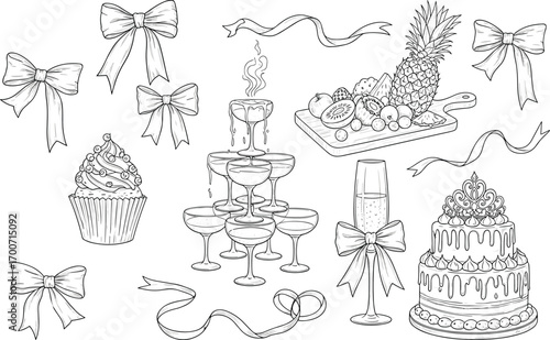 Celebration vector, cake, cupcake, champagne tower, fruit platter, festive bows, line art style, cad drawing flat vector illustration
