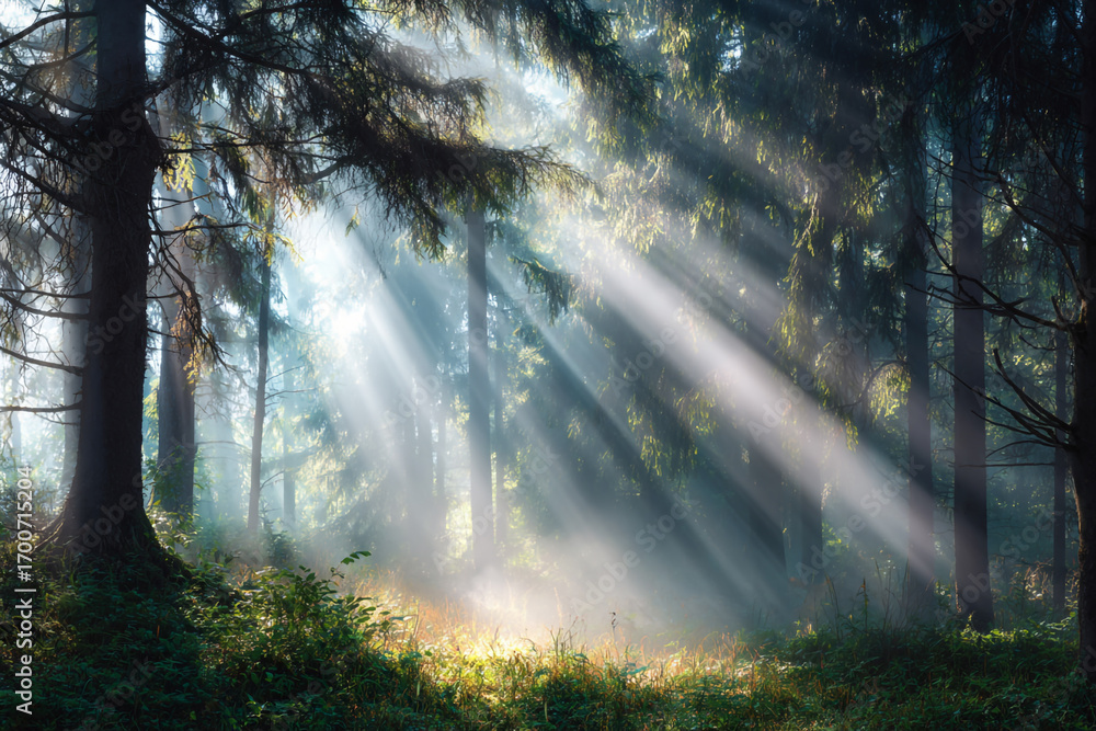Fototapeta premium Sunbeams stream through a misty forest illuminating the trees and undergrowth creating a magical atmosphere