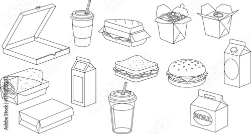 Fast food packaging vector, takeout containers, pizza box, burger, sandwich, drink cup, line art, cad drawing flat vector illustration