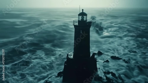 Dramatic lighthouse scene amidst a stormy ocean with crashing waves