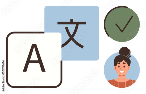 Capital A and a Chinese character emphasize translation woman avatar and checkmark suggest approval. Ideal for communication, language learning, global connection, education, digital tools, culture