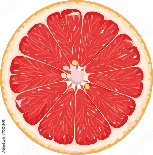Vector illustration of juicy grapefruit slice, fresh tropical citrus fruit in detailed cross-section, healthy organic food design for diet and nutrition themes