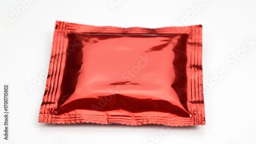 Red Foil Sachet Packaging - A single red glossy foil sachet is displayed on a clean white background. The sachet is square-shaped with slightly folded edges, showcasing a reflective surface.