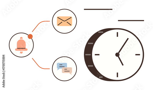 Bell with alert, envelope for email, speech bubbles for messaging, and analog clock symbolizing time management. Ideal for productivity, scheduling, organization, reminders, task tracking workflow