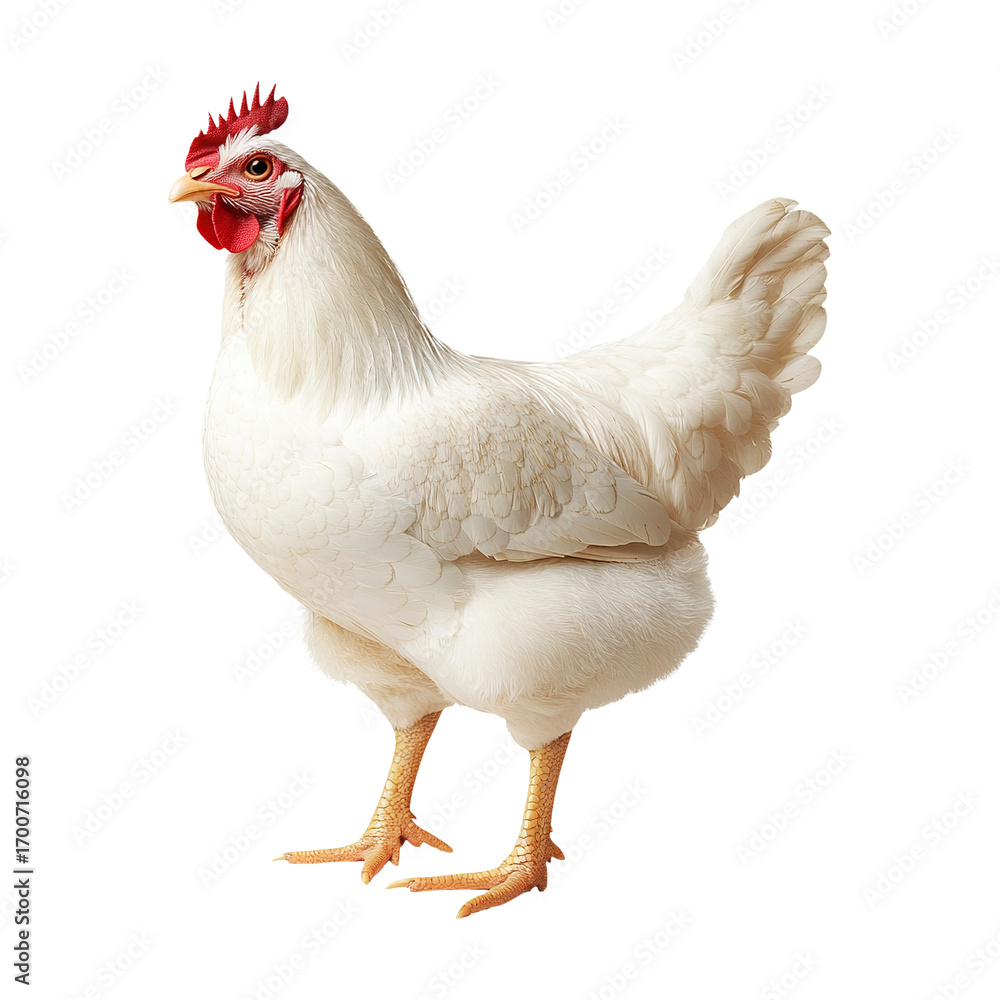 Fototapeta premium White chicken standing isolated on a transparent white background, clipping path