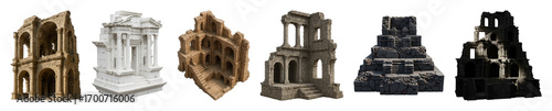 Ancient ruins set including Greco-Roman, crumbling, and weathered stone edifices isolated. Historical, fantasy, and architectural design elements.