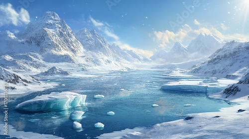 Frozen Majesty: An expansive vista of a winter wonderland, with snow-capped mountains, a serene icy lake, and glistening icebergs under a clear, bright sky, showcasing the raw.