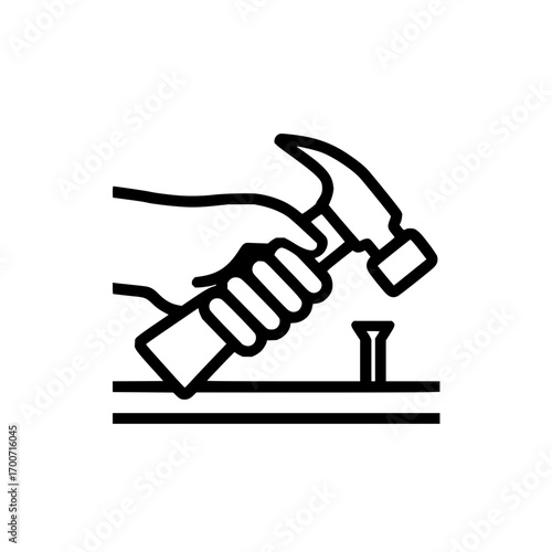 Handyman hammering nail into wood vector icon construction repair tool diy project home improvement carpentry work