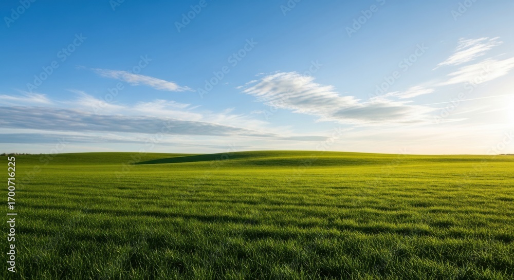 Obraz premium Rolling green hills stretch under a vast blue sky with scattered white clouds and the sun shining brightly