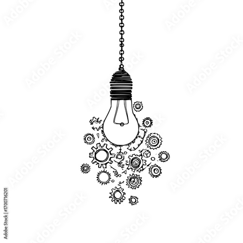 Lightbulb idea innovation creative solution concept gears and chain drawing vector illustration design