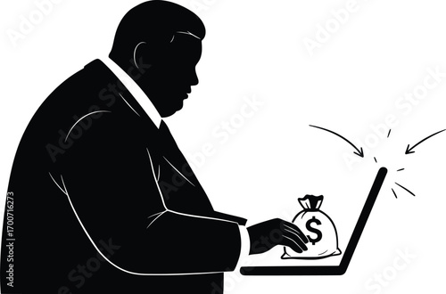 Businessman Engaged in Online Scams with Vector Graphics, Corporate Environment, High-Resolution Illustration, Dark Theme