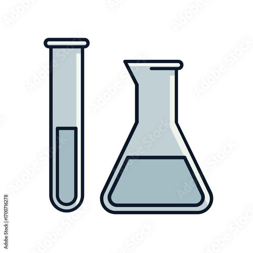 A set of two vector illustrations of common laboratory glassware, a test tube and a conical flask, for science and chemistry concepts.