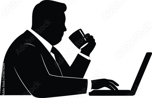 Businessman Working on Laptop with Coffee in Hand, High-Resolution Vector Illustration, Modern Office Environment, Focused Viewpoint, Productivity Concept
