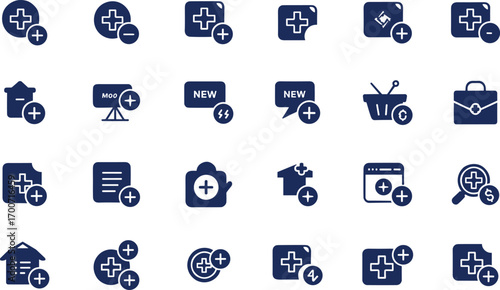 Vector set of business, finance, and commerce icons in flat solid style showing money, shopping, marketing, documents, search, and transaction symbols