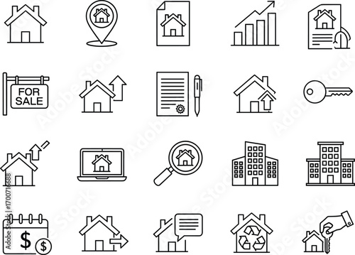 Vector set of real estate sale line icons including house contract, mortgage, property rent, key, housing deal, loan, investment, and buildings