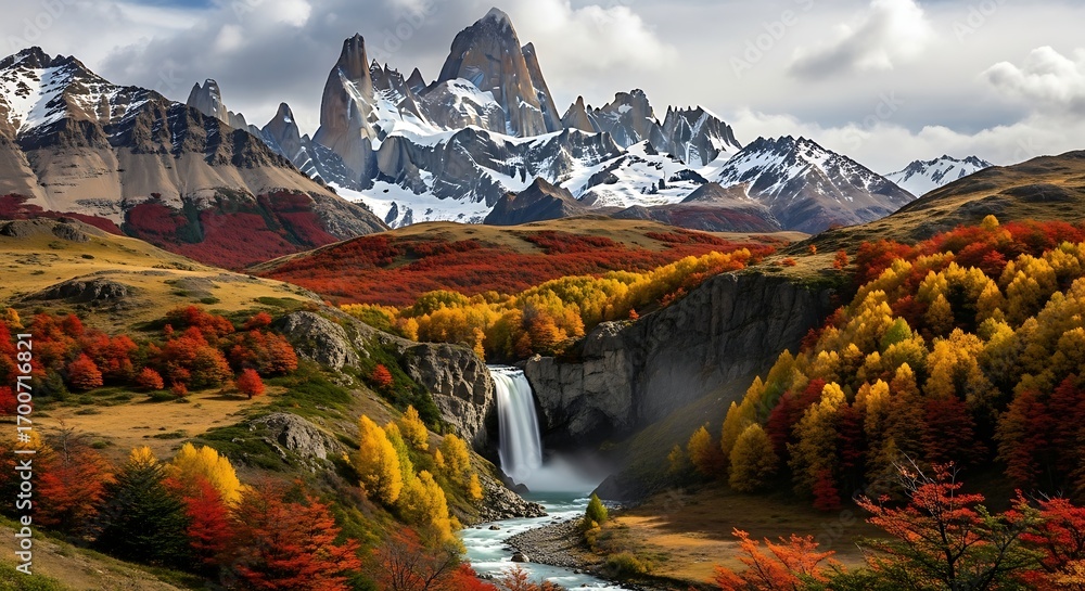 Fototapeta premium Autumnal Mountain Waterfall Landscape.