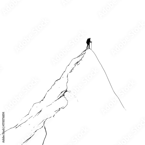 Silhouette hiker mountain peak adventure climbing trekking success achievement landscape concept design