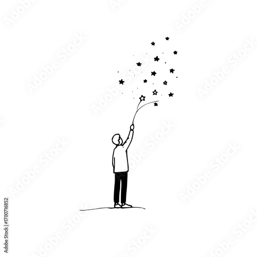 Drawing of a person reaching for stars in the sky illustration black and white doodle simple art vector