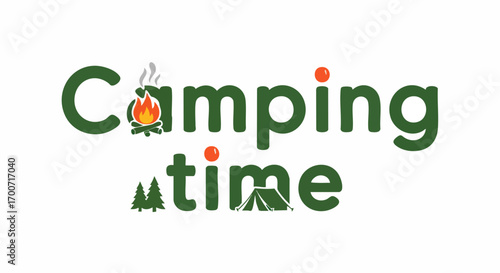 Camping time with green stylized logotype showing trees and burning bonfire. Enjoy camping time, perfect summer vacation, outdoor activity and nature escape. Concept camping time for branding,