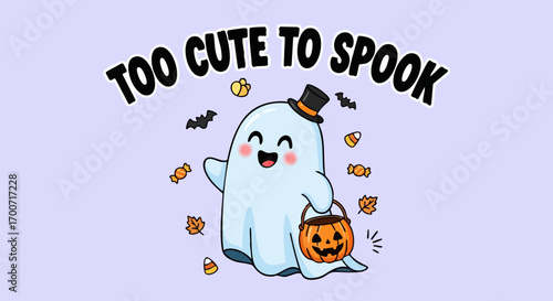 Cartoon Halloween ghost says 'Too Cute to Spook' with cheerful smiling expression, carrying tiny pumpkin basket full of Halloween candy. Halloween ghost is a cute invitation,