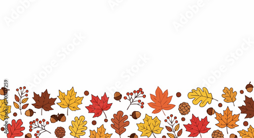 Autumn leaves illustration with acorns and berries provides seasonal charm, evoking summer's end and anticipated fall celebrations. Autumn leaves composition for Thanksgiving,