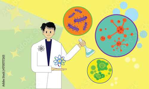 Vector illustration of a scientist character holding a laboratory flask with alchemy symbols and bacteria icons. Perfect for STEM education, science research, chemistry, microbiology, and laboratory