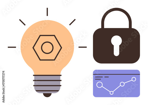 Illuminated light bulb, closed lock, and data chart with line graph. Ideal for innovation, security, analytics, tech solutions, problem-solving intellectual property marketing concepts. Simple flat