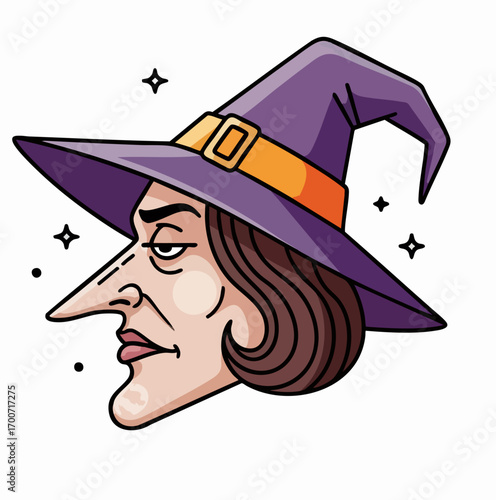 An enchanting witch illustration in profile view with pointed nose, complete with hat. Witch illustration displays classic halloween imagery for themed use. The witch, conjuring enchantment,