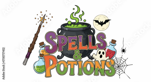 Illustrative spells and potions design with Halloween concept elements and cartoon witch cauldron. Spells and potions are ideal for the celebration of Halloween,