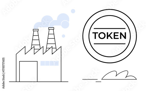 Factory with smoke-emitting chimneys beside a circular token labeled TOKEN symbolizes industry, emissions, and value systems. Ideal for energy, environment, economy, blockchain, sustainability
